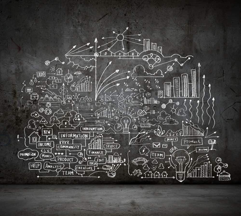 chalkboard with complicated diagram drawn on it; some words in diagram include "information," "innovation," "idea," "product," and "analysis"