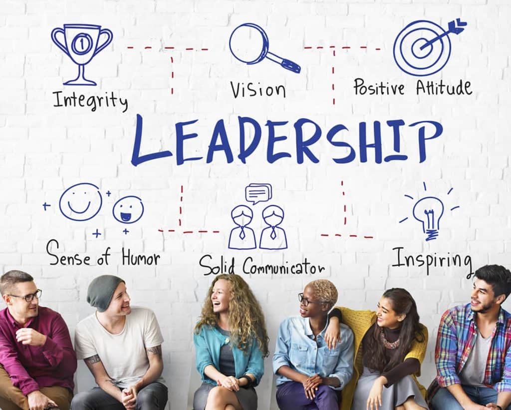 a diverse group of people sit on a bench smiling at each other; above them are written the word "leadership" and the following leadership qualities: "integrity," "vision," "positive attitude," "sense of humor," "solid communicator," and "inspiring"